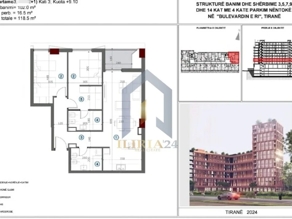 Tirane, shes apartament 2+1+Ballkon Kati 3, 119 m² 296.250 € (Axa Residence bulevard)