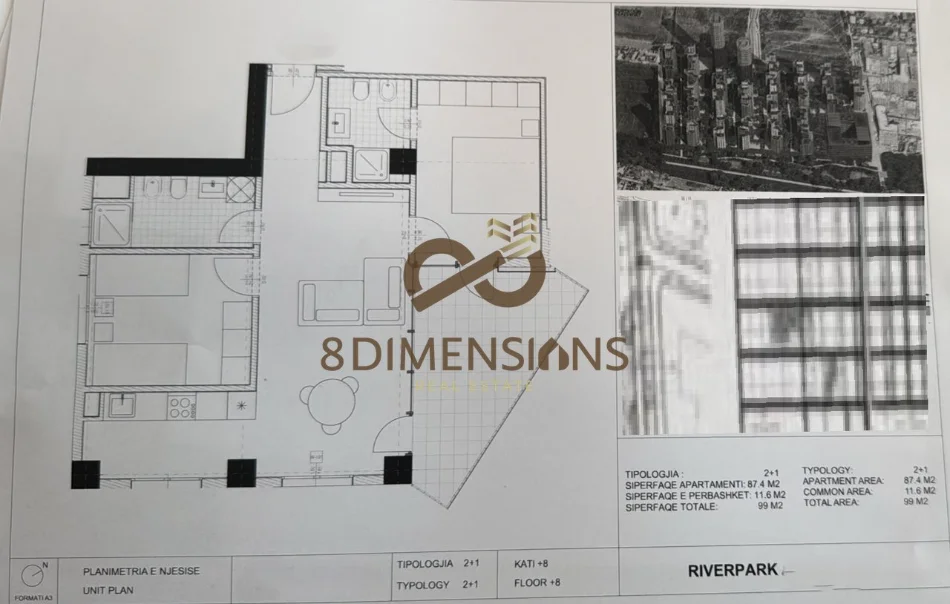 Apartament 2+1 +2 tualete + ballkon ne shitje tek River Park Residence - Tirane (D8142A-139)