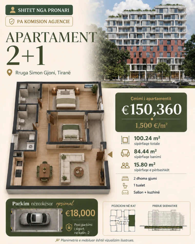 Tirane, shes apartament 2+1+Ballkon Kati 2, 100 m² 150.360 € (Rruga Simon Gjoni)