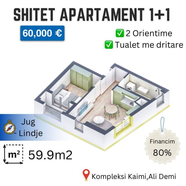 Tirane, shes apartament 1+1+BLK Kati 7, 60 m² 60.000 Euro (Pasho Hysa)