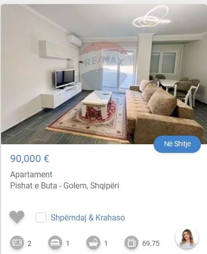 Golem, shitet apartament 1+1 Kati 4, 70 m² 90.000 € (Pishat e buta golem)
