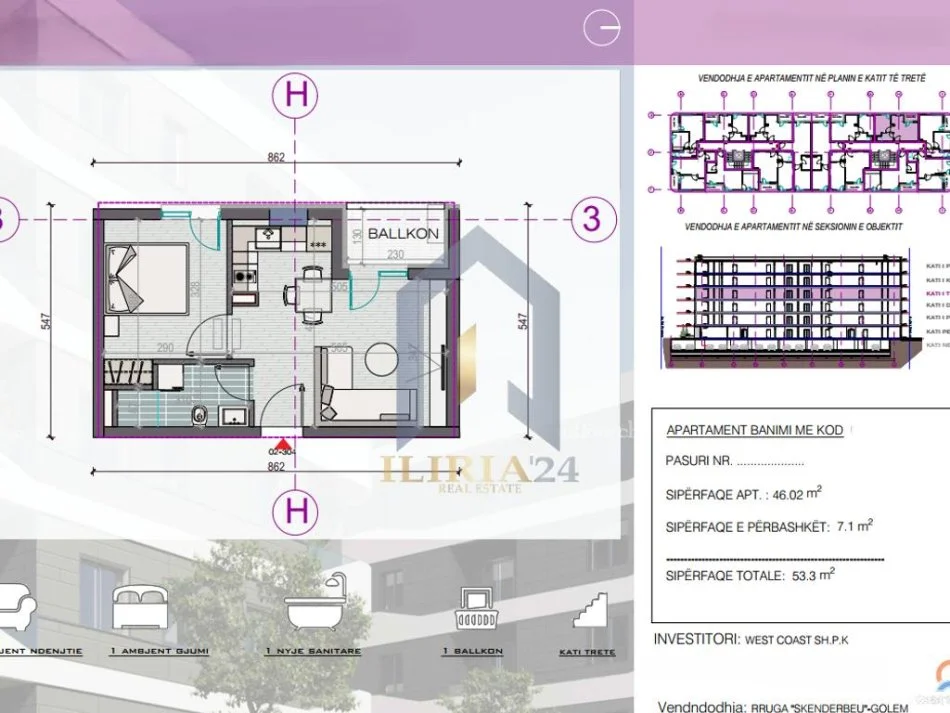 Durres, shitet apartament 1+1+Ballkon Kati 3, 53 m² 63.960 € (Golem Durres West Coast Residence)