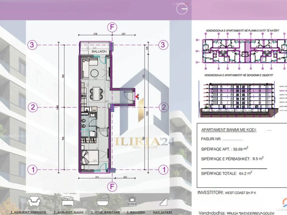 Tirane, shitet apartament 1+1+Ballkon Kati 4, 64 m² 77.040 € (Golem Rruga Skenderbeu)