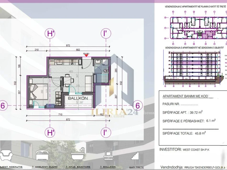 Durres, shitet apartament 1+1+Ballkon Kati 3, 46 m² 54.960 € (Durres West Coast)