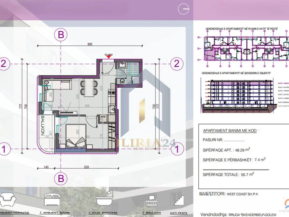 Durres, shitet apartament 1+1+Ballkon Kati 5, 56 m² 66.840 € (dURRES GOLEM WEST COAST)