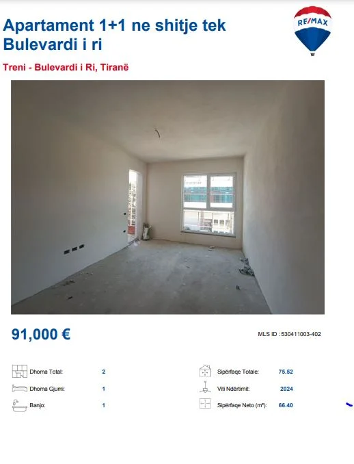 Tirane, shitet apartament 1+1 Kati 5, 75 m² 91.000 € (BULEVARDI I RI)