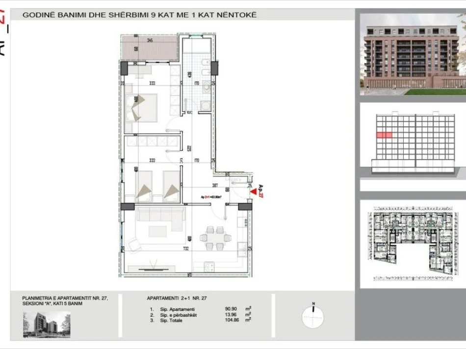 Tirane, shitet apartament 2+1 Kati 5, 105 m² 126.000 € (Ne fund te Bulevardit te Ri ,)