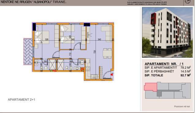 Tirane, shes apartament 2+1+BLK Kati 3, 93 m² 120.000 Euro (Rruga Begeja)