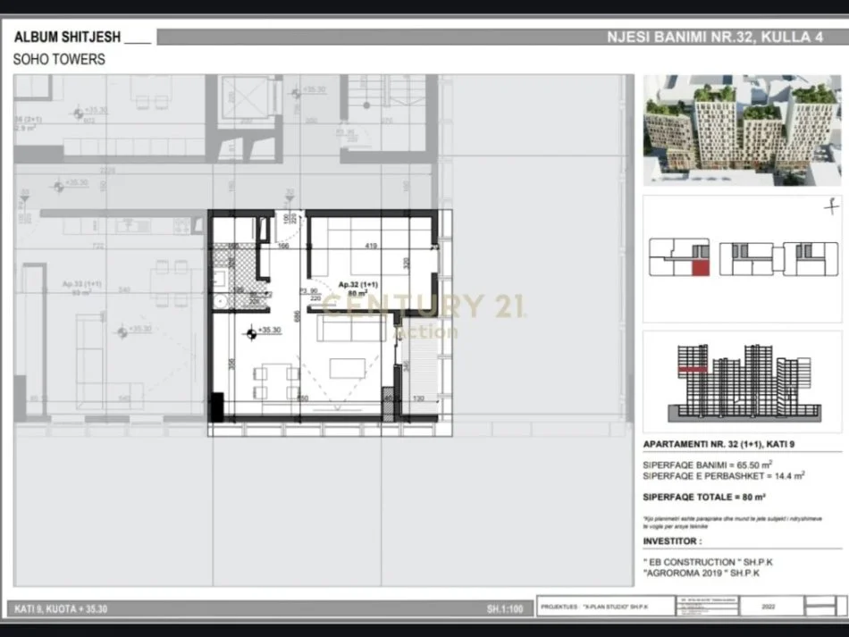 Tirane, shitet apartament 1+1 Kati 9, 80 m² 176.000 € (Muhamet Gjollesha, Tirana 1001, Albania)