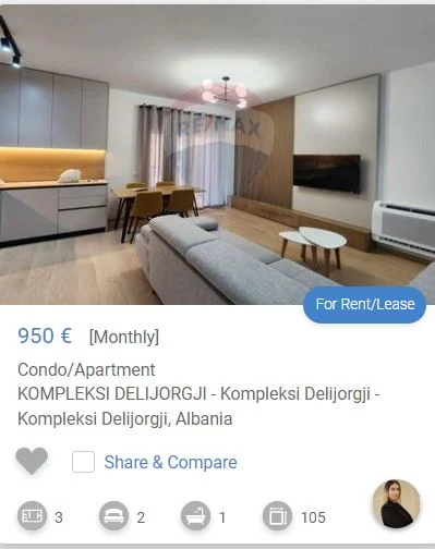 Tirane, jepet me qera apartament 2+1 Kati 4, 105 m² 950 € (delijorgji)