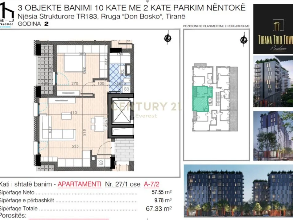 Tirane, shitet apartament 1+1 Kati 7, 67 m² (don bosko)