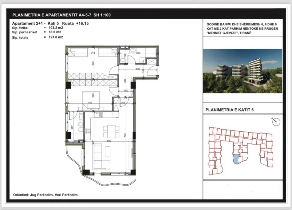 Tirane, shitet apartament 2+1 Kati 5, 122 m² 110.000 € (Rezidena Alena)