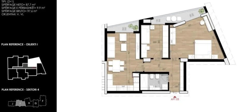 Tirane, shes apartament 2+1 Kati 3, 