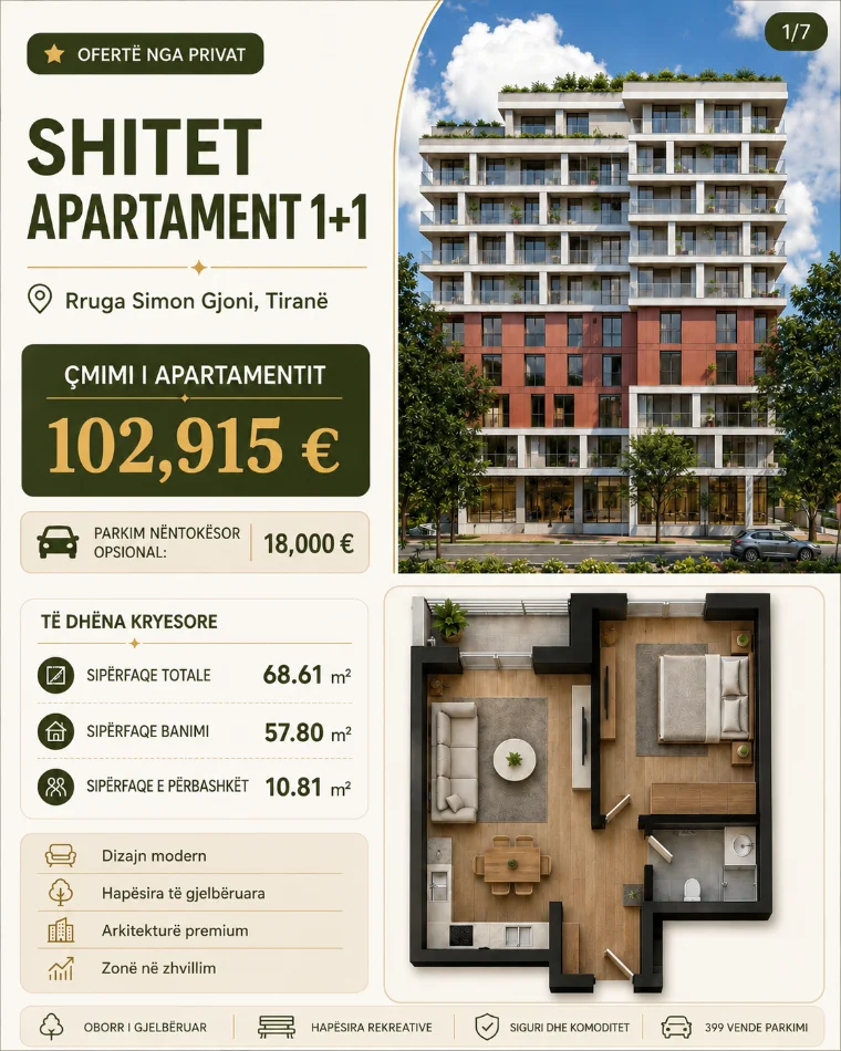 Tirane, shes apartament 1+1 Kati 2, 69 m² 102.915 € (Rruga Simon Gjoni)