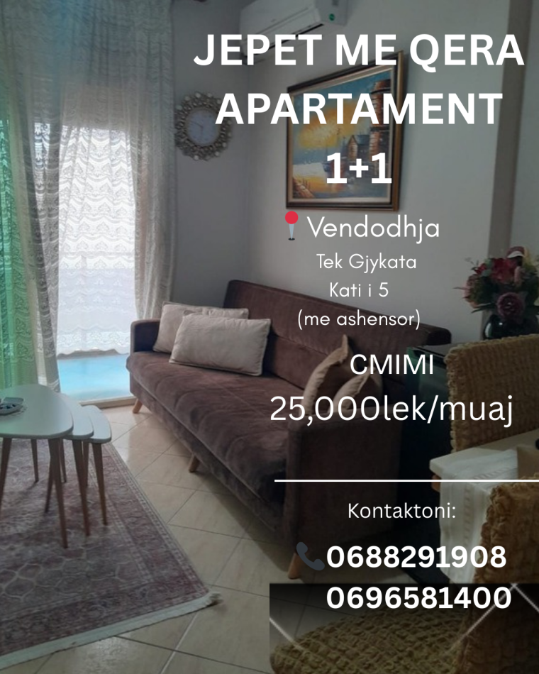 Vlore, jepet me qera apartament 1+1 Kati 5, 250 € 
