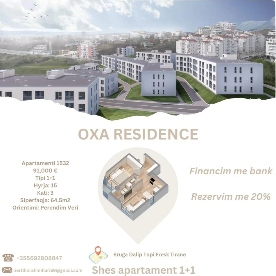 Tirane, shes apartament 1+1+Ballkon Kati 3, 64 m² 91.000 € (Rruga Dalip Topi Fresk Tirane)