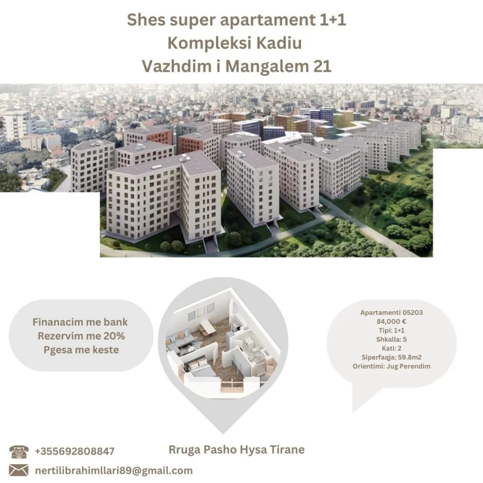 Tirane, shes apartament 1+1+Ballkon Kati 2, 60 m² 84.000 € (Rruga Pasho Hysa Tirane)