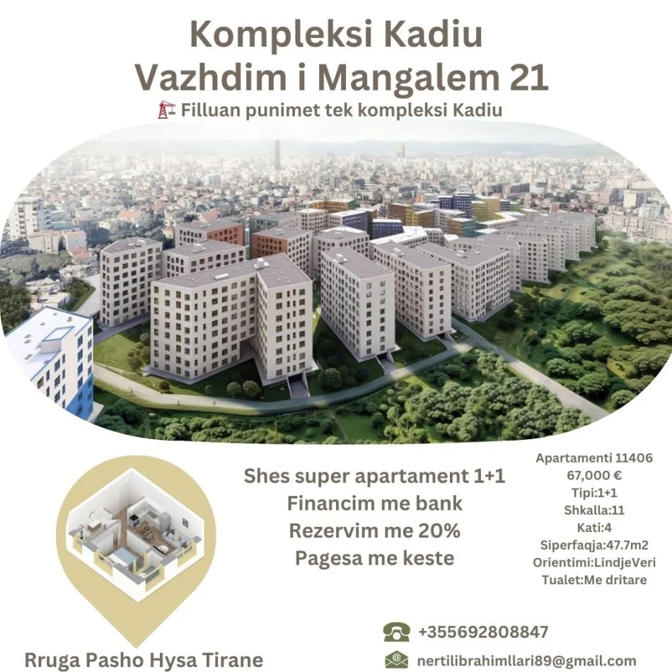 Tirane, shes apartament 1+1+Ballkon Kati 4, 48 m² 67.000 € (Rruga Pasho Hysa Tirane)