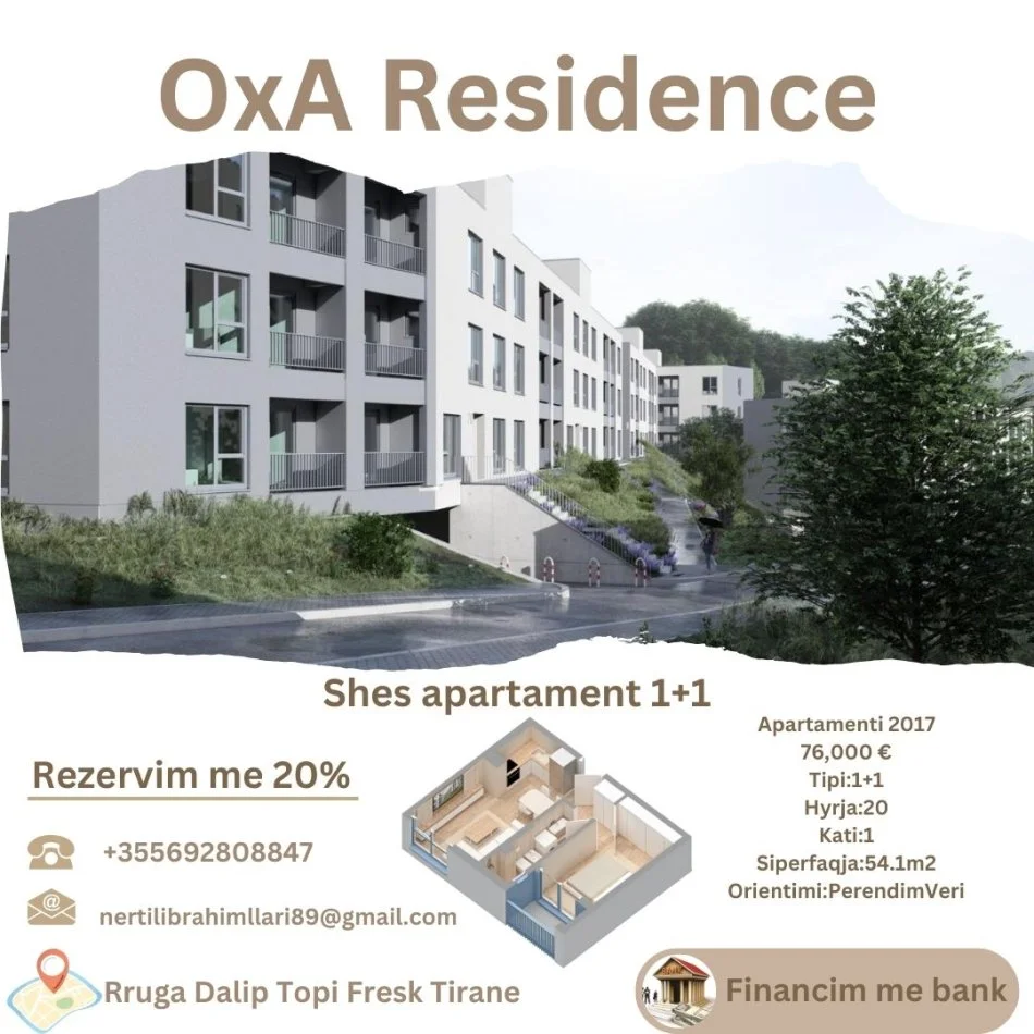 Tirane, shes apartament 1+1+Ballkon Kati 1, 54 m² 76.000 € (Rruga Dalip Topi Fresk Tirane)