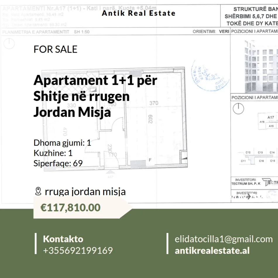 Tirane, shitet apartament 1+1+Ballkon Kati 1, 70 m² 117.810 € 