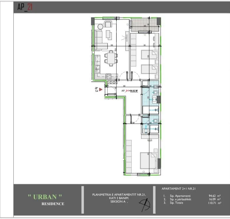 shes 2+1+Ballkon Kati 3, 110 m² 105.175 € (Unaza e Madhe Paskuqan)