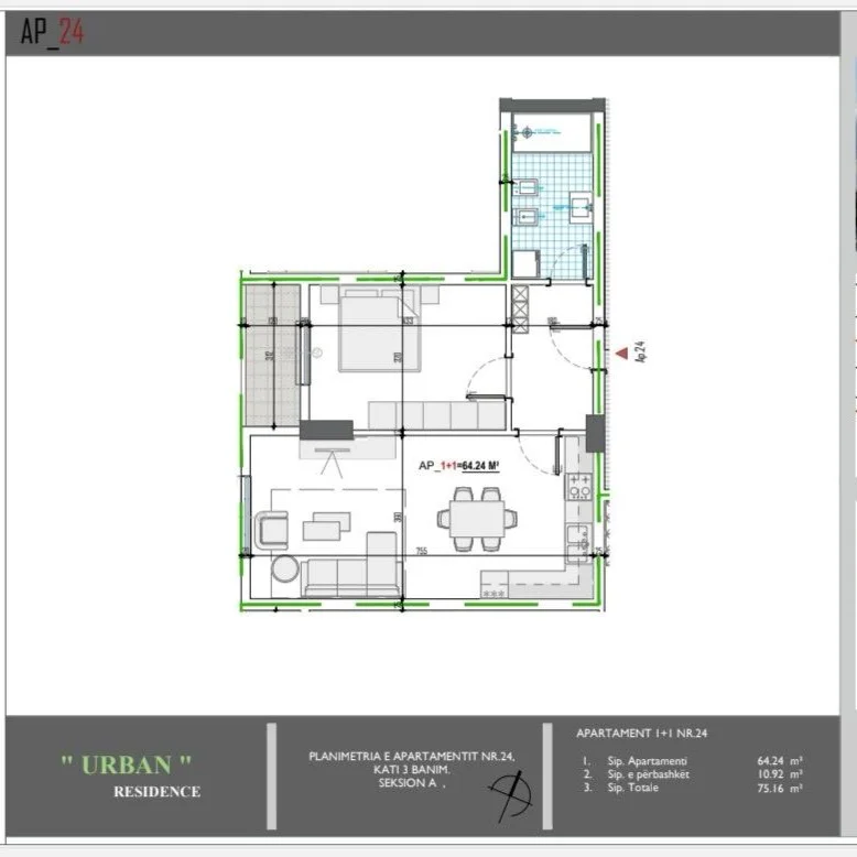 Tirane, shitet apartament 1+1+Ballkon Kati 3, 75 m² 71.402 € (Unaze e Madhe Paskuqan)