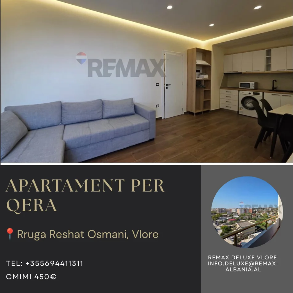 Vlore - Lungomare, jepet me qera apartament 1+1+Ballkon Kati 8, 67 m² 450 € (Rruga Reshat Osmani, Vlore)