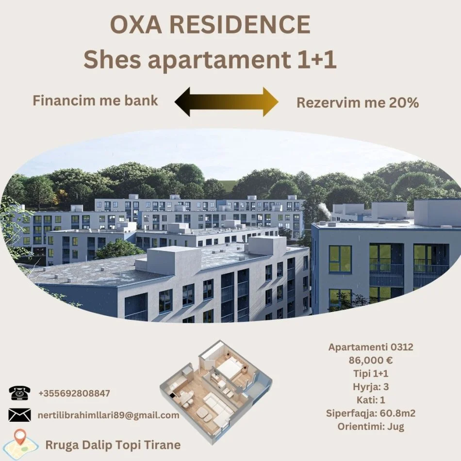 Tirane, shes apartament 1+1+Ballkon Kati 1, 61 m² 86.000 € (Rruga Dalip Topi Tirane)