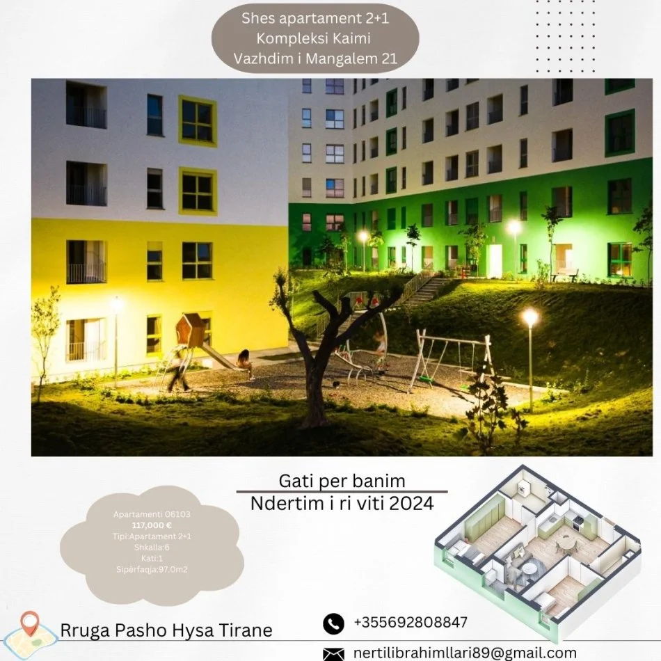 shes apartament 2+1+Ballkon Kati 0, 97 m² 117.000 € (Rruga Pasho Hysa Tirane)