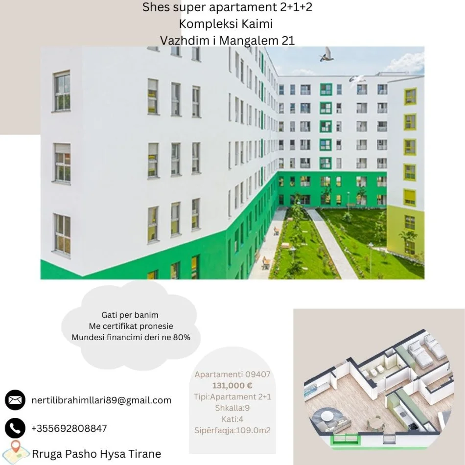 Tirane, shes apartament 2+1+Ballkon Kati 4, 109 m² 131.000 € (Rruga Pasho Hysa Tirane)