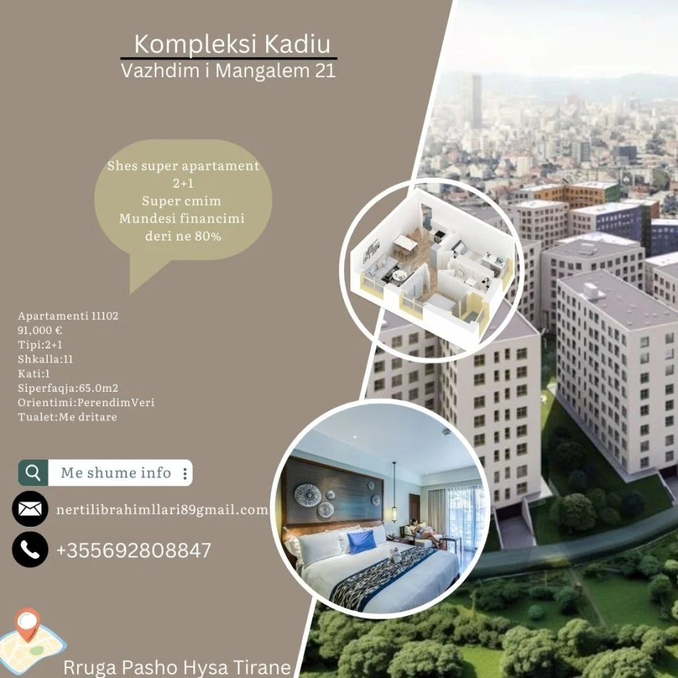 Tirane, shes apartament 2+1+Ballkon Kati 1, 65 m² 91.000 € (Rruga Pasho Hysa Tirane)