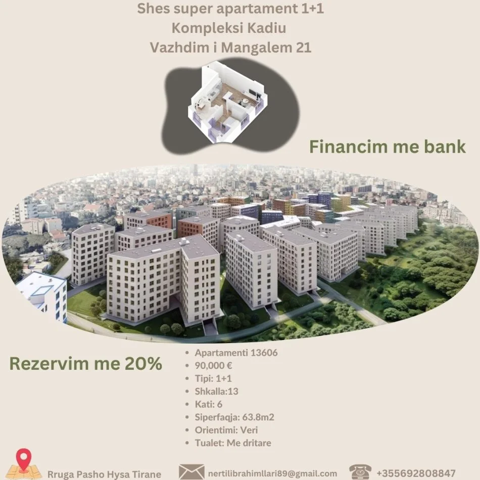 Tirane, shes apartament 1+1+Ballkon Kati 6, 64 m² 90.000 € (Rruga Pasho Hysa Tirane)