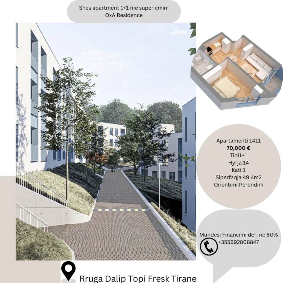 Tirane, shes apartament 1+1+Ballkon Kati 1, 49 m² 70.000 € (Rruga Dalip Topi Fresk Tirane)