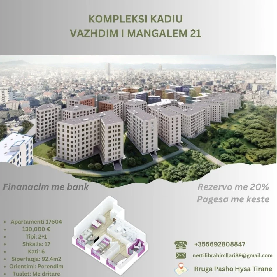 Tirane, shes apartament 2+1+Ballkon Kati 6, 92 m² 130.000 € (Rruga Pasho Hysa Tirane)