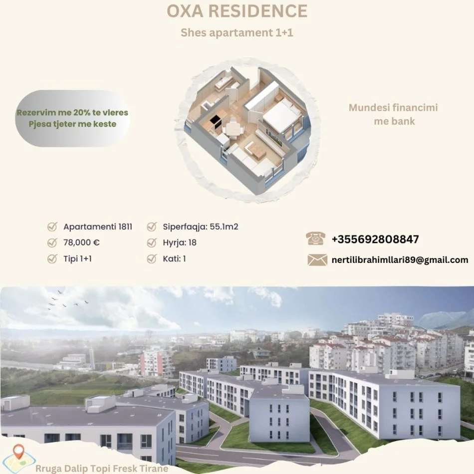 Tirane, shes apartament 1+1+Ballkon Kati 1, 55 m² 78.000 € (Rruga Dalip Topi Fresk Tirane)