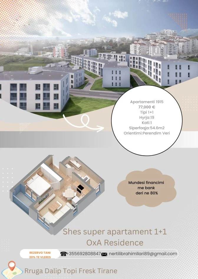 Tirane, shes apartament 1+1+Ballkon Kati 1, 55 m² 77.000 € (Rruga Dalip Topi Fresk Tirane)