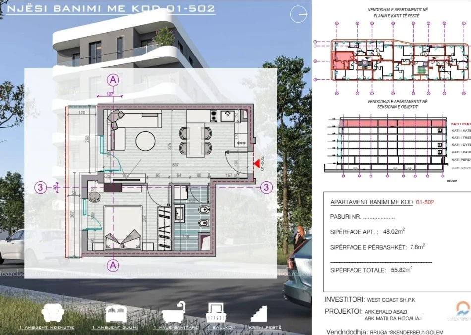 Durres, shitet apartament 1+1 Kati 5, 55 m² 57.750 € (Mali Robit, Golem)