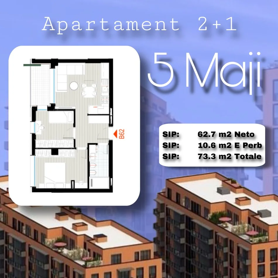 Tirane, shes 2+1 Kati 6, 73 m² 95.300 € (Rruga 5 Maji)