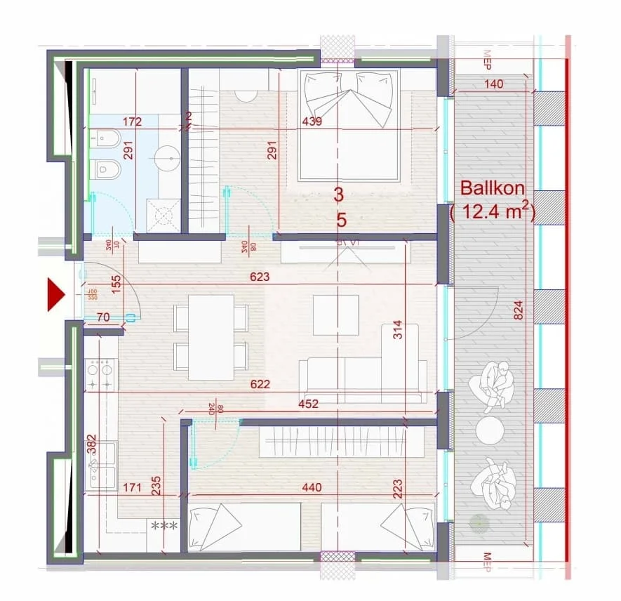 Tirane, shes apartament 2+1+Ballkon Kati 5, 100 m² 221.900 € (Don Bosko)