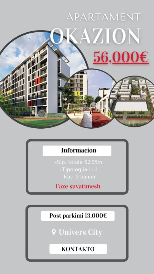 Tirane, shitet apartament 1+1 Kati 2, 63 m² 56.000 € (SHITET APARTAMENT 1+1 + POST PARKIMI UNIVERS CITY!)