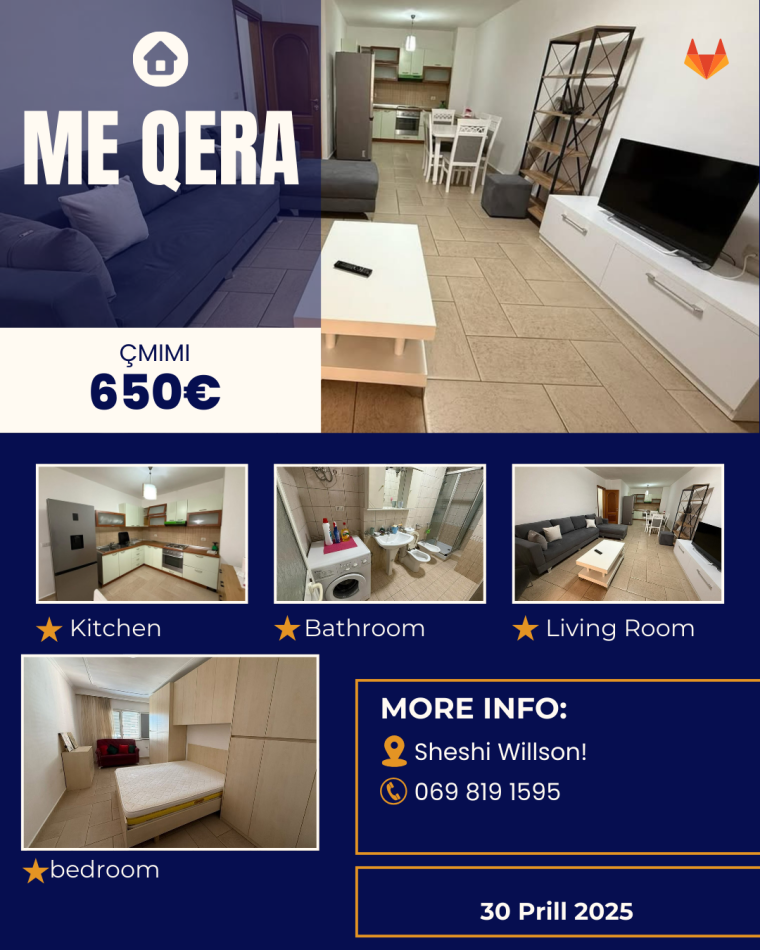 Tirane, jepet me qera apartament 2+1 , 650 € (Sheshi Willson!)