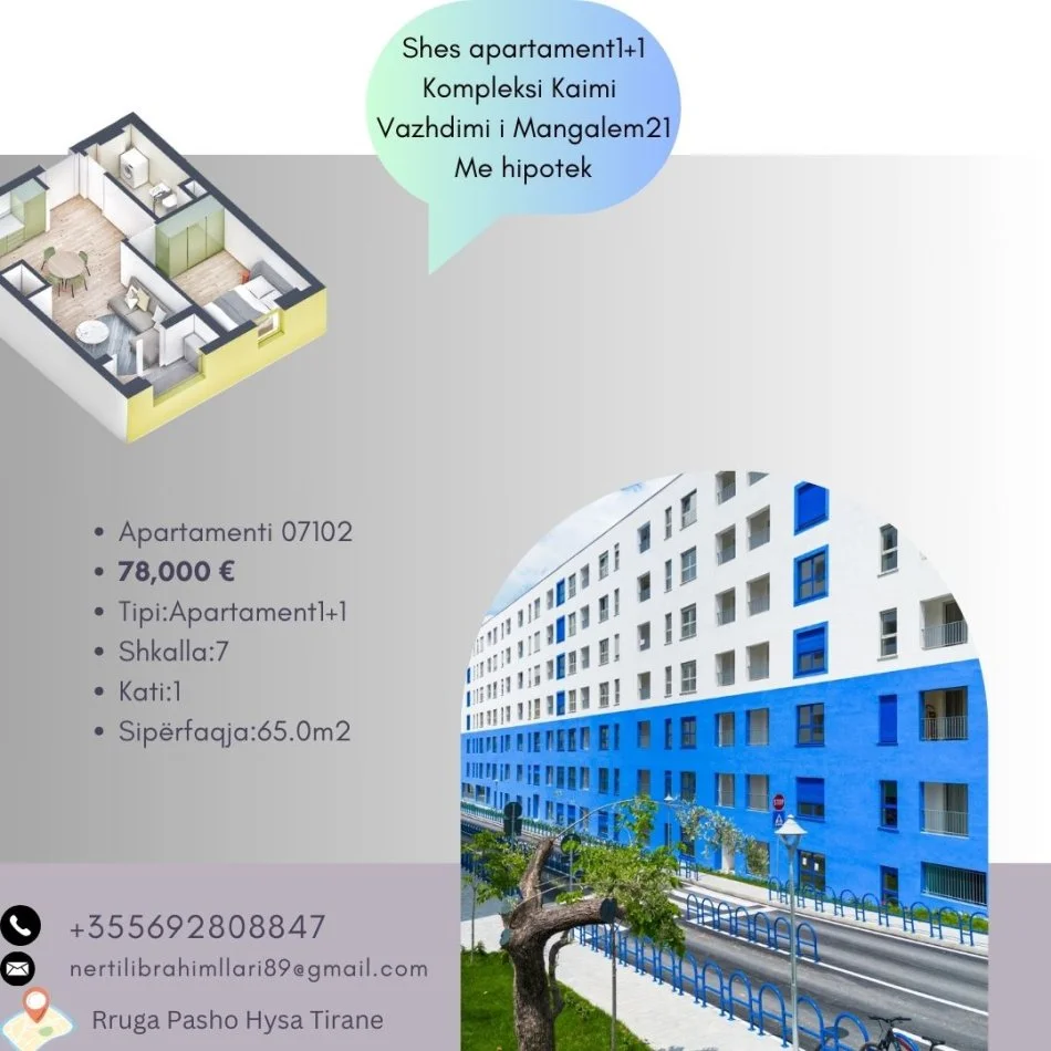 Tirane, shes apartament 1+1+Ballkon Kati 0, 65 m² 78.000 € (Rruga Pasho Hysa Tirane)