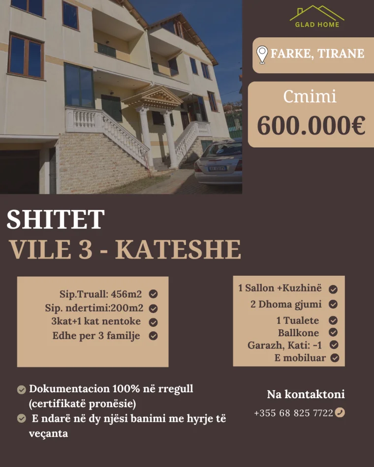 Tirane, shitet Vile 3 Katshe Kati 3, 456 m² 600.000 €