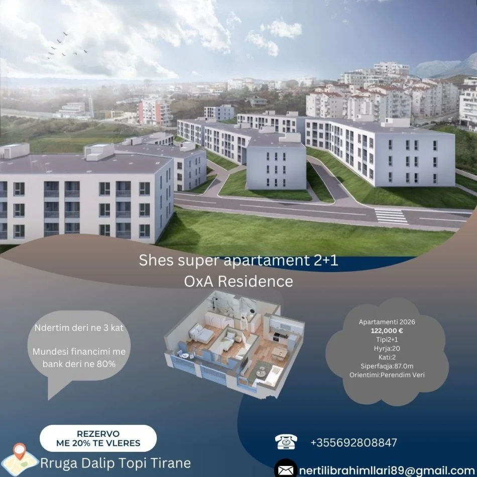 Tirane, shes apartament 2+1+Ballkon Kati 2, 87 m² 122.000 € (Rruga Dalip Topi Tirane)