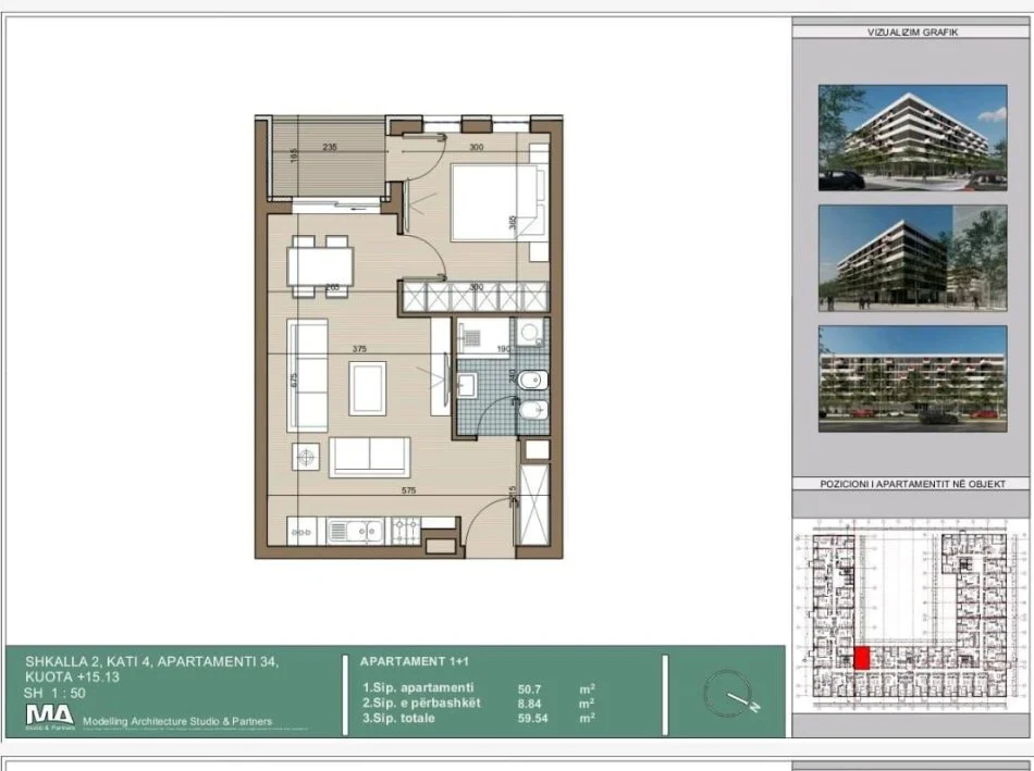Tirane, shitet apartament 1+1 Kati 4, 60 m² 44.655 €,Kamez