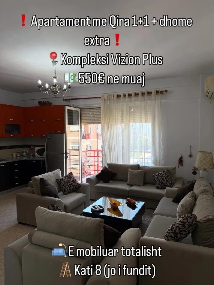 Tirane, jepet me qera apartament 1+1+Ballkon Kati 8, 550 € (Vizion Plus, Don Bosko)