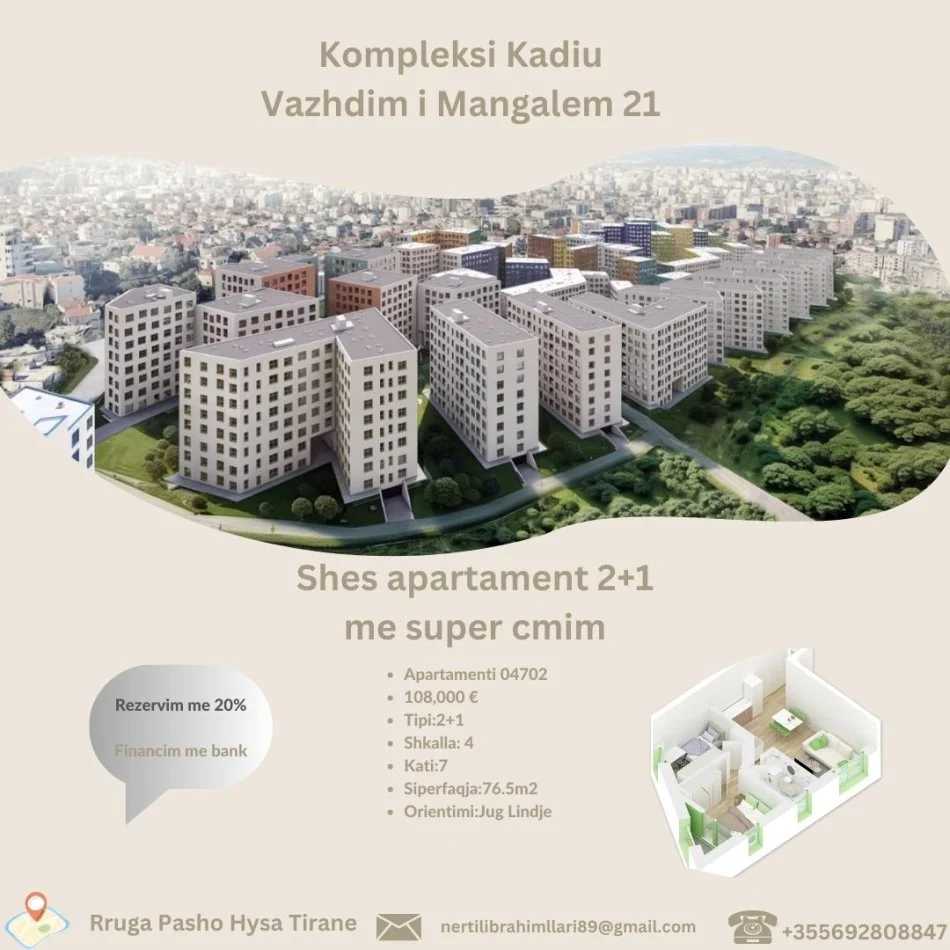 Tirane, shes apartament 2+1 Kati 7, 76 m² 108.000 € (Rruga Pasho Hysa Tirane)