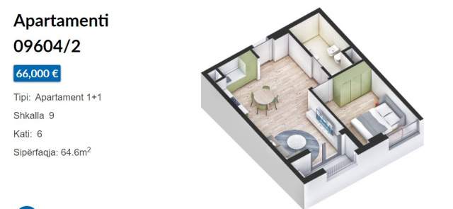 Tirane, shitet apartament 1+1+A+BLK Kati 6, 65 m² 71.500 Euro (Rruga Pasho Hysa)
