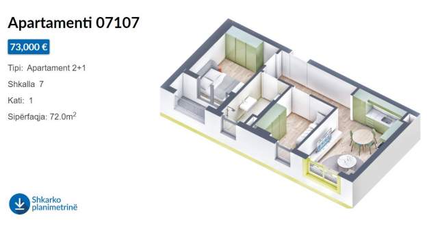 Tirane, shitet apartament 2+1+A+BLK Kati 1, 72 m² 79.200 Euro (Rruga Pasho Hysa)