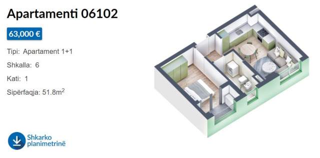 Tirane, shes apartament 1+1 Kati 1, 52 m² 63.000 Euro (Rruga Pasho Hysa)